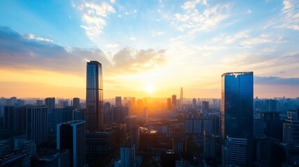 Fototapeta premium Stunning city skyline at sunset with buildings against vibrant sky : Generative AI