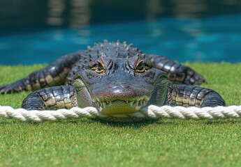 Fototapeta premium Close-Up of a Large Alligator Relaxing on Green Grass Near a Swimming Pool with Bright Blue Water in the Background