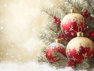 Winter celebration backdrop with fir branches and Christmas trinkets.