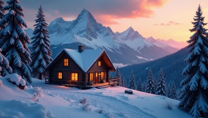 Cozy cabin with wooden roof and chimney amidst snowy mountains and tall trees at dusk, sunset, mountain