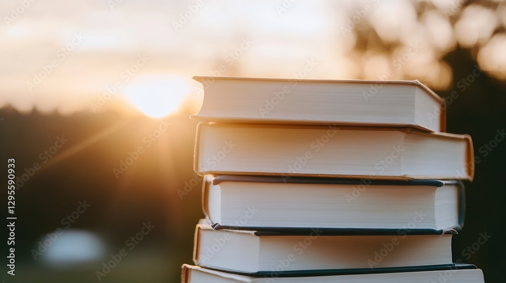 Aufkleber Stack of Books with Sunlight Backdrop Evoking Knowledge and Reading Pleasure : Generative AI