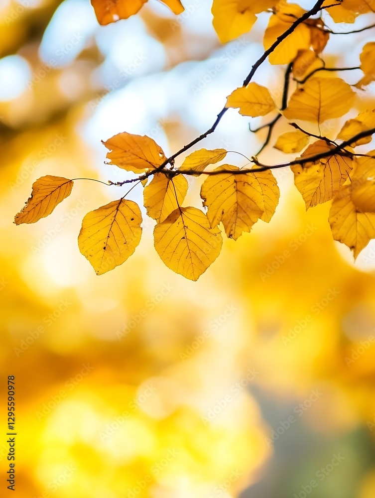 Poster close up of bright yellow leaves on tree branches with soft focus background in autumn season : gene