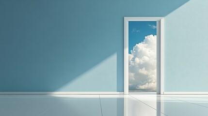 Modern doorway opens to bright sky and fluffy clouds, inviting new possibilities