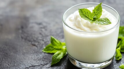 Creamy yogurt dessert topped with fresh mint leaves in a clear glass on a dark background : Generative AI