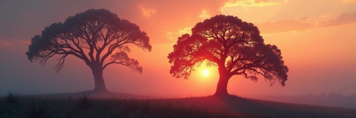 Ancient oak silhouette, misty dawn ethereal, majestic, woods, old