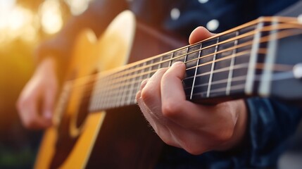 Obraz premium Closeup of a musician's hands skillfully strumming an acoustic guitar string in a lively outdoor setting : Generative AI