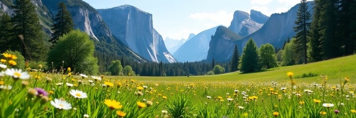 Obraz premium Lush green meadows with blooming wildflowers in Yosemite Valley, serene, Yosemite National Park
