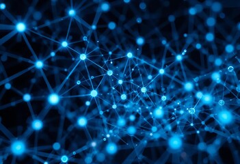 An abstract digital design with lines and nodes representing a big data network, with a blue and purple color scheme and bokeh lights in the background.