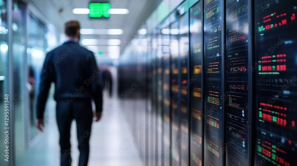 Leinwandbilder person walking in a technologydriven server room with data screens in a modern office : generative a