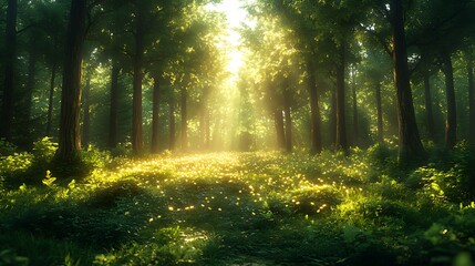 Obraz premium Sunlit Forest Path, Morning Mist, Nature Background, Serenity
