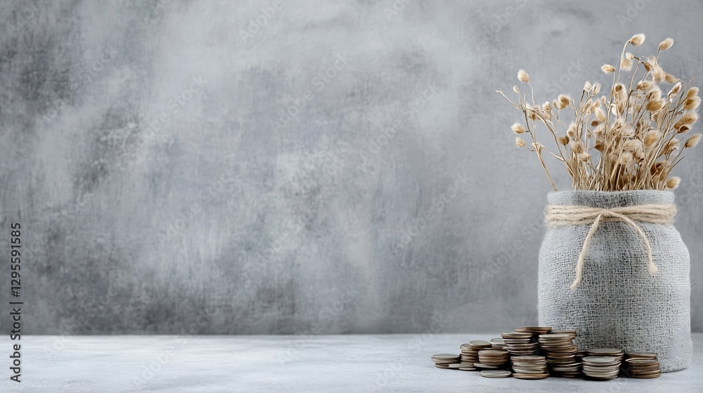 Poster Elegant Stylish Dried Flower Arrangement in Rustic Jar with Coins on Table : Generative AI