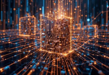 Obraz premium An abstract digital design with lines and nodes representing a big data network, with a blue and purple color scheme and bokeh lights in the background.