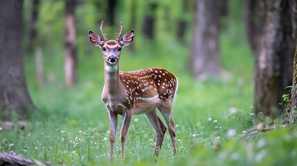 Elegant Fallow Deer Standing Gracefully in a Lush Green Forest Environment : Generative AI