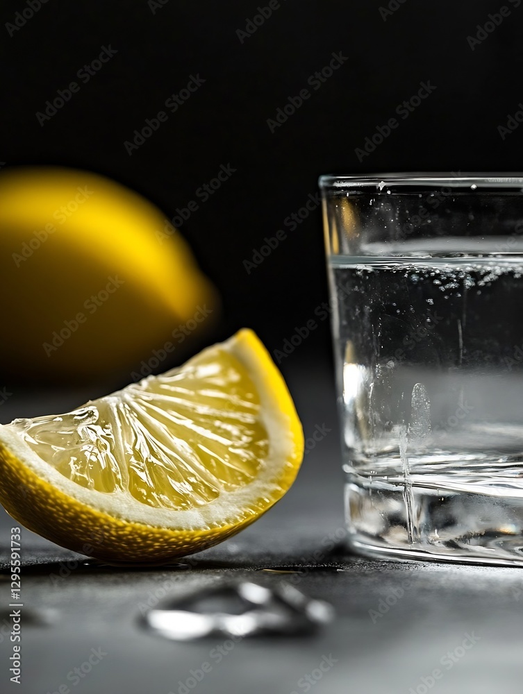Leinwandbilder luminous lemon slice with a glass of sparkling water on a dark background creating a refreshing drin