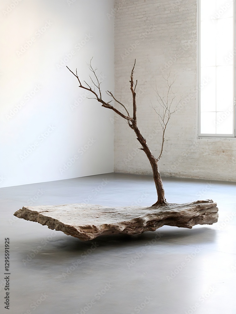 Poster Artistic representation of a bare tree branch on a large slab within a minimalist interior space : Generative AI