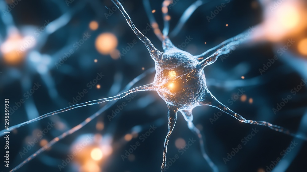 Poster closeup of neurons glowing with energy representing the concept of brain science and connectivity : 