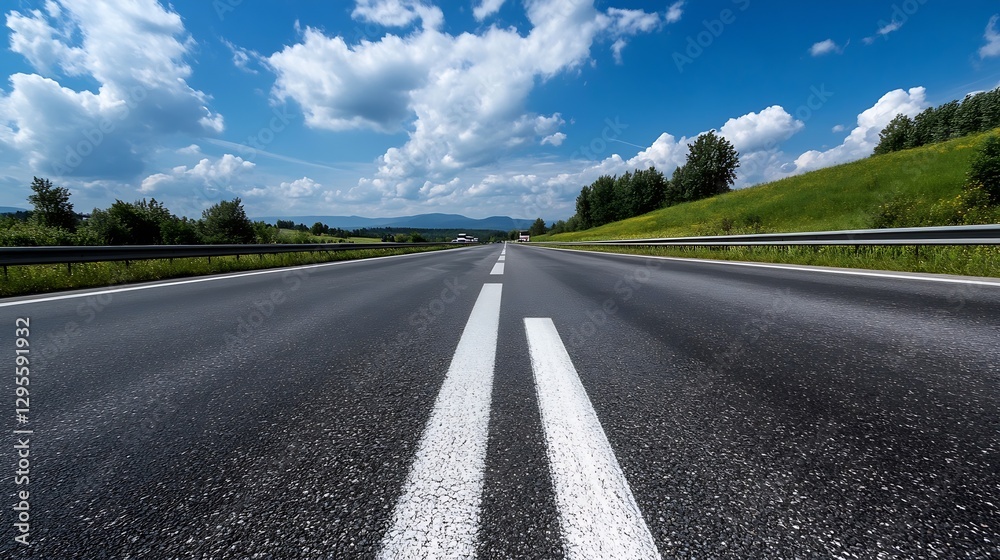 Poster scenic view of an open road under a bright blue sky with white clouds : generative ai