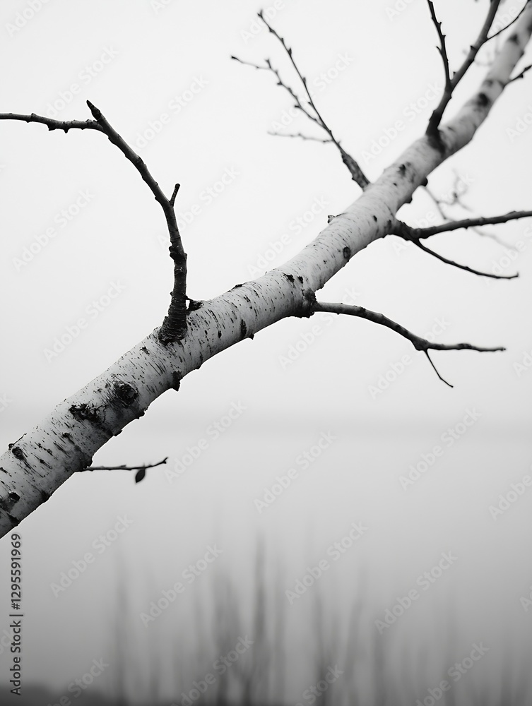 Poster Elegant close up of a bare birch tree branch against a muted foggy background near a calm lake : Generative AI