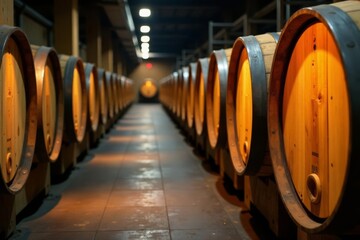 Golden oak whiskey barrels inside aging facility, close-up texture, brown, distillery