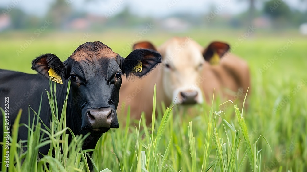 Poster two beautiful cows grazing in a lush green field captured in daylight : generative ai
