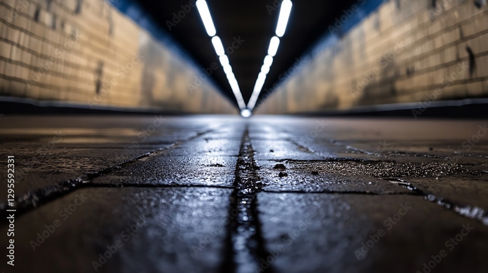 Poster Perspective view of an empty tunnel with lighting on the ceiling creating an intriguing atmosphere : Generative AI