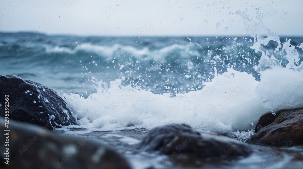 Poster waves crashing against rocks capturing the beauty of nature and motion at the beach : generative ai