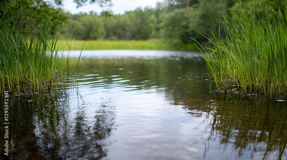 Poster Calm waters of a small pond surrounded by lush green grass reflecting trees and sky in a peaceful setting : Generative AI