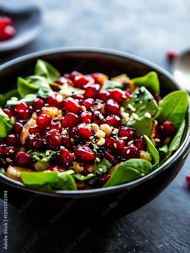 Poster fresh healthy salad with pomegranate seeds and spinach in a bowl : generative ai