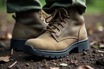High-angle view of worn military boot outline, emphasizing texture, army, product shot