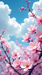 Obraz premium Gentle clouds float above blooming cherry blossoms, cloudy, soft