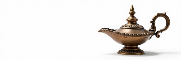 Ornate bronze oil lamp, patina, white background, artifact, detail