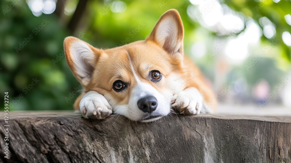 Poster adorable corgi dog resting its head on a wooden board with blurred green foliage in the background :
