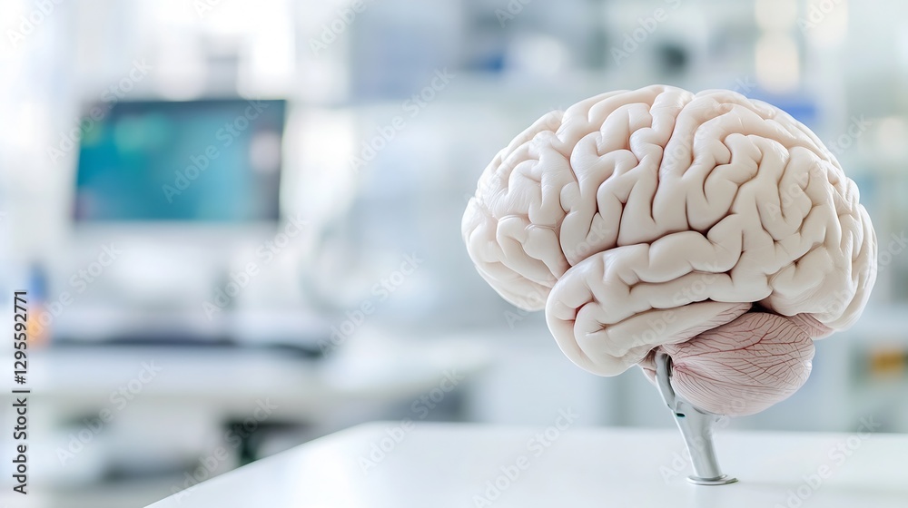 Poster Detailed view of a human brain model showcasing intricate features and soft texture in a modern lab setting : Generative AI