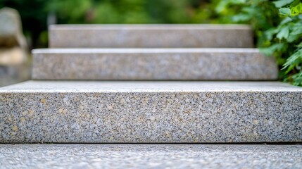 Closeup of smooth stone steps leading upward surrounded by lush green plants and trees : Generative AI