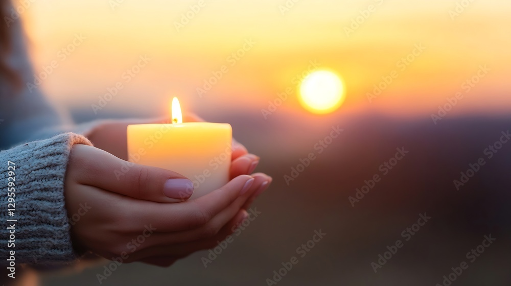 Poster candle in hands at sunset with bright sun orb creating a beautiful serene evening scene : generative