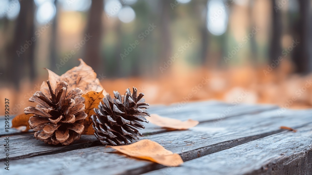 Poster close up of pine cones and autumn leaves on a rustic wooden table in nature : generative ai