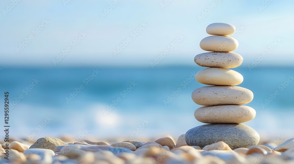 Poster Stacked pebbles balanced on a beach representing tranquility and harmony at the shoreline : Generative AI