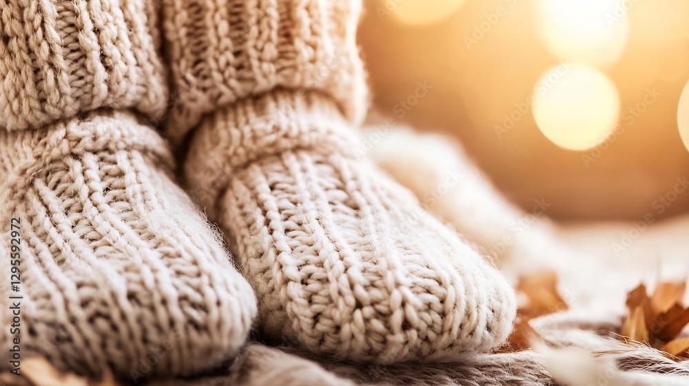 Poster cozy knitted wool socks placed on soft blanket with warm light : generative ai