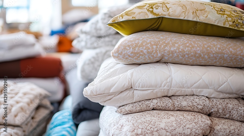 Poster Piled up cozy pillows and comforters in a home decor setting creating a soft and inviting appearance : Generative AI