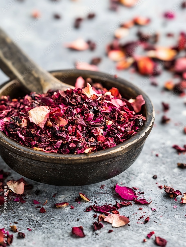 Poster vibrant dried rose petals placed in a rustic bowl showcasing a rich texture and colorful appearance 