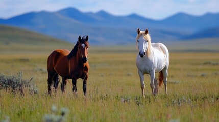 Obraz premium Pair of Horses Standing Gracefully in Open Pasture with Majestic Mountains in Background : Generative AI