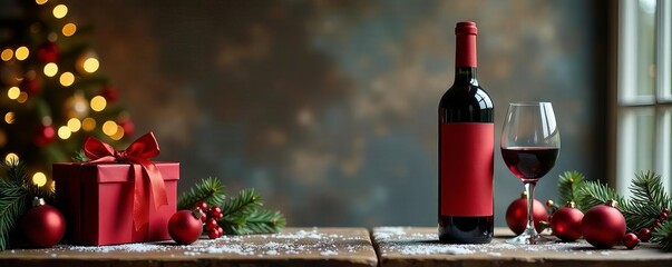 Scenic holiday wine bottle display with gifts & d?cor , christmas gifts, photography