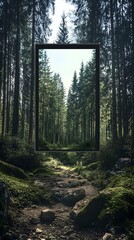 Obraz premium A framed woodland landscape showing a forest path among tall green trees