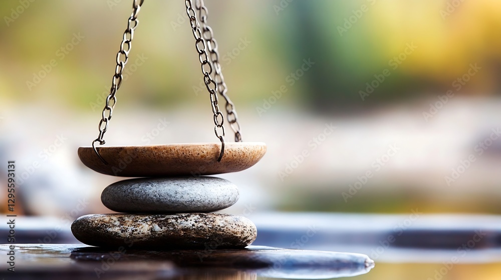 Poster zen stone balancing on a plate held by chains above a tranquil water surface symbolizing harmony and