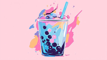 Vibrant Gradient Background – Adorable Pastel Bubble Tea Cup - Version 3