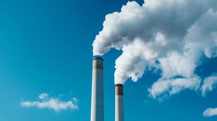 Industrial Landscape with Smoke Emissions from Power Plant in Clear Blue Sky : Generative AI