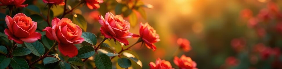 Fototapeta premium Golden hues of changing leaves on a rose bush in autumn, foliage, rosa, flowers