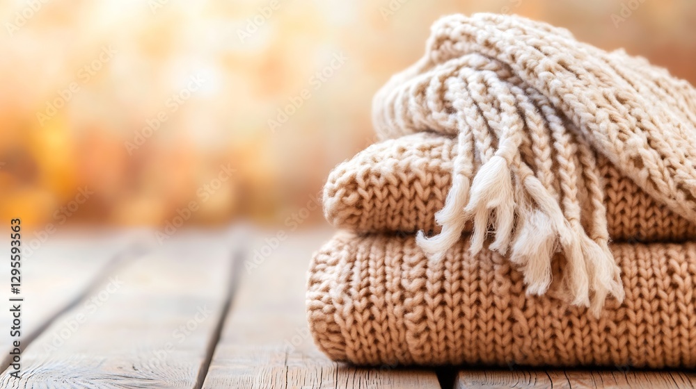 Aufkleber Stylized Knitted Throws Stacked Neatly on a Rustic Wooden Surface with a Soft Bokeh Background : Generative AI
