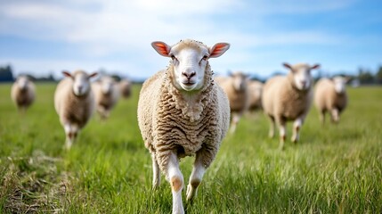 Curious Sheep Walking Toward the Camera in Green Pasture Under Blue Sky : Generative AI