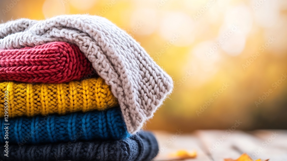 Poster warm colorful knitted sweaters stacked neatly with autumn background celebrating cozy days : generat